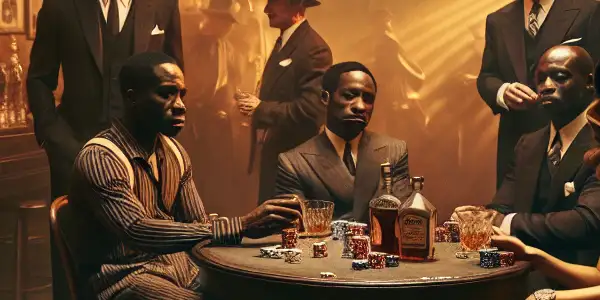 A tense gathering of gangsters in a smoky speakeasy, surrounded by whiskey, poker chips, and a jazz band.<a href=