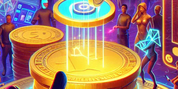 A vibrant digital marketplace featuring glowing adult-themed coins and diverse characters engaging with virtual content and rewards.