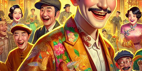 A lively film set featuring a charismatic comedian in traditional attire surrounded by cheerful characters and humorous situations.