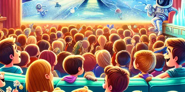 A cozy family movie night with children and parents enjoying animated classics in a warm living room.