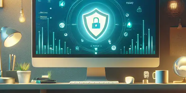 A serene workspace featuring a modern computer setup, symbols of digital safety, and cozy elements for a calming atmosphere.