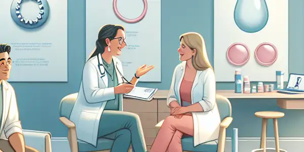 A diverse group of adults discussing contraceptive options with a healthcare professional in a cozy clinic setting.