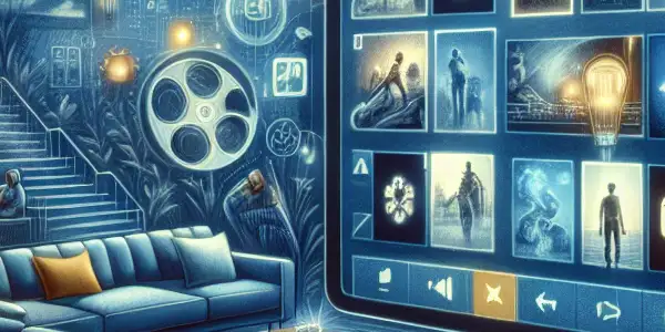 A modern video streaming interface on a tablet in a cozy home theater with movie thumbnails and popcorn.