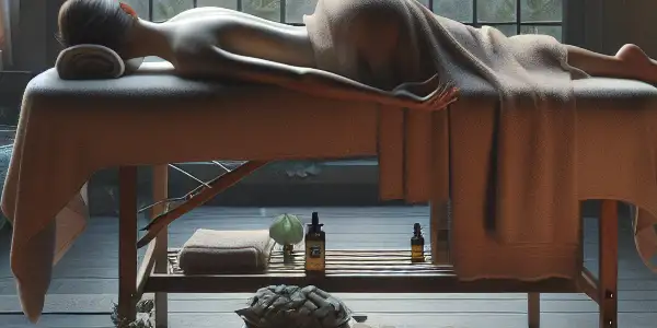 A serene indoor spa scene featuring a massage table, candles, plants, and a figure enjoying a massage.