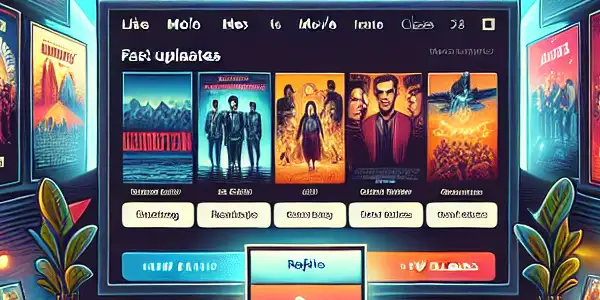 A modern online movie streaming platform interface featuring diverse movie genres and vibrant posters in a cozy home theater setting.