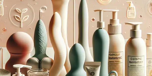 A variety of eco-friendly adult pleasure products arranged elegantly, emphasizing safety, hygiene, and intimacy.