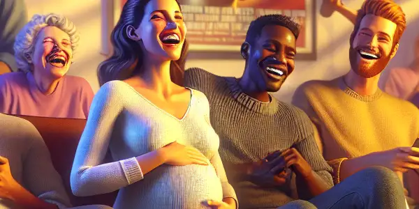 A cozy living room scene with friends watching a comedy about pregnancy, featuring a joyful pregnant woman and playful film posters.