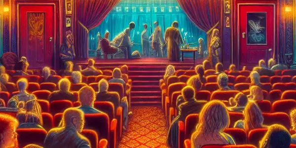 A vibrant adult cinema interior with diverse patrons, plush seating, a marquee, and vintage movie posters.