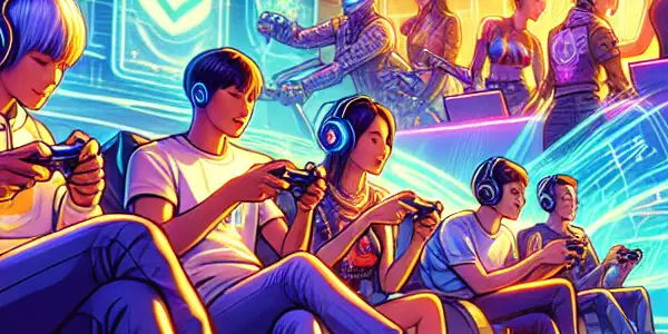 A lively gaming scene with diverse players joyfully interacting in a high-tech environment, showcasing seamless payment options.