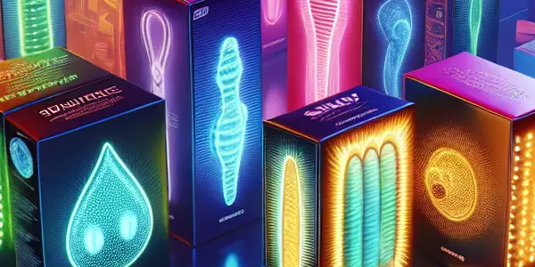 A vibrant display of creatively designed adult-themed condom packaging, showcasing unique features and a playful atmosphere.
