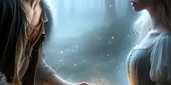 A wild boy and a gentle girl share a magical moment in a mystical forest illuminated by moonlight.