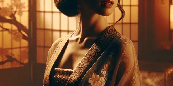 A graceful woman in a traditional Japanese room, embodying elegance and emotion, surrounded by cherry blossoms and storytelling elements.