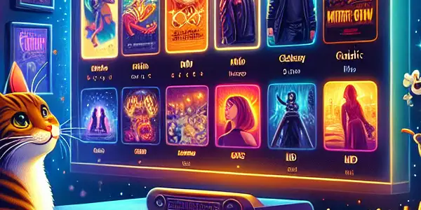 A cozy home theater scene featuring a modern streaming interface for "Meow Claw Movies" with playful cat elements.