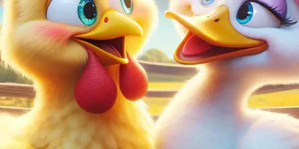 A playful chicken and duck share a romantic moment on a sunny, colorful farm.