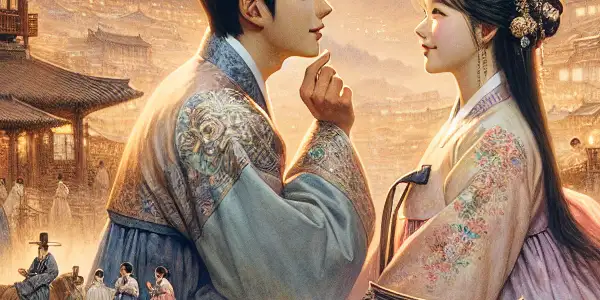 A young couple in traditional Hanbok shares a tender moment in a serene early 20th century Korean landscape.