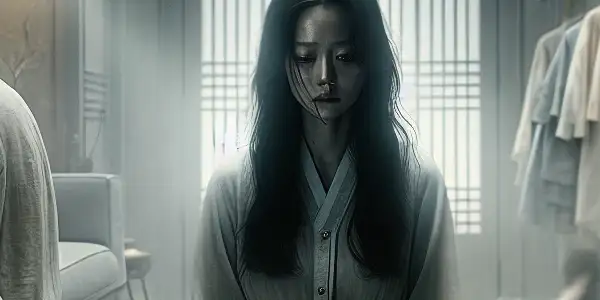 A distressed couple in a modern living room contemplates family struggles, with a child's room blurred in the background.