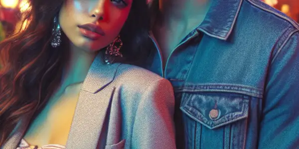 A romantic Tokyo street at twilight featuring a couple in love amidst cherry blossoms and glowing lanterns.
