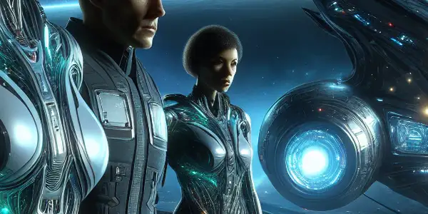 A futuristic spacecraft navigates space, with a diverse team of scientists and a humanoid robot preparing for exploration.