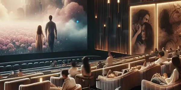 A luxurious adult cinema interior with plush seating, ambient lighting, and patrons enjoying abstract films.