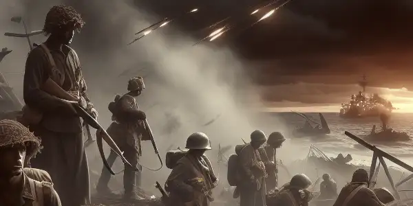 A group of weary WWII soldiers taking cover on a fiery battlefield at dusk, assessing their surroundings amidst chaos.