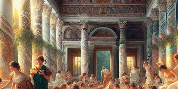 A lively Roman banquet scene with elegantly dressed guests, sumptuous food, and a blend of ancient and modern allure.