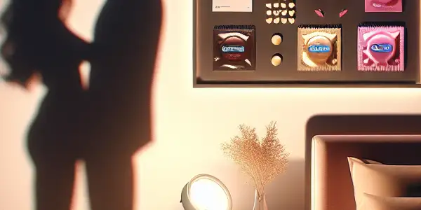 An intimate setting showcasing safe contraception methods alongside a romantic atmosphere for adult entertainment.