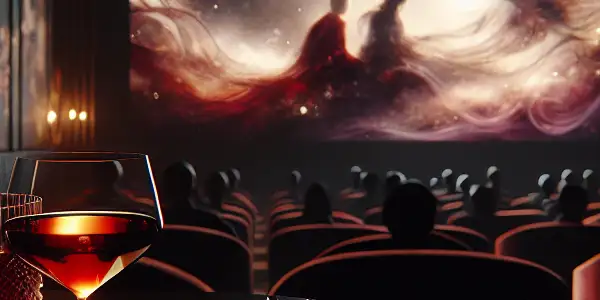 An elegant, dimly lit room with a projector displaying abstract romance, plush furnishings, and a sophisticated atmosphere.