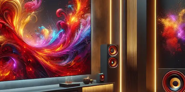 A cozy modern living room with a high-definition screen displaying vibrant visuals, inviting an immersive adult film experience.