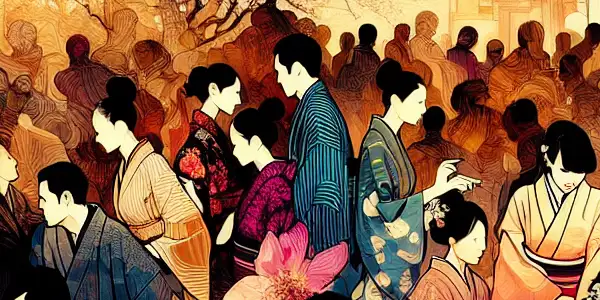 A vibrant and dynamic illustration of intimate Japanese group scenes, showcasing connection and sensuality amidst cultural elements.