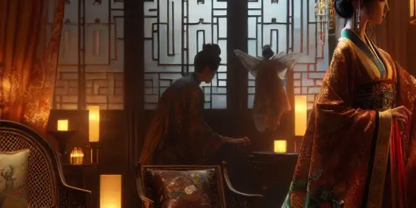 Liu Rushi in a traditional Chinese setting, embodying elegance and intrigue amidst cherry blossoms and warm lantern light.