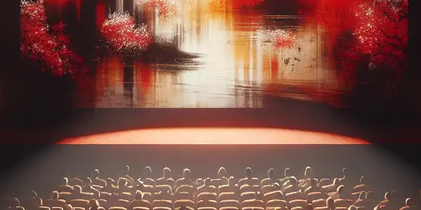 An intimate theater scene with diverse viewers captivated by abstract visuals, evoking allure and intrigue.