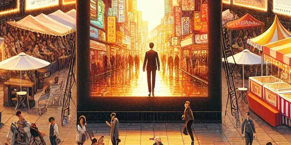 A vibrant outdoor cinema scene at the Busan International Film Festival, showcasing diverse film lovers and Japanese AV cinema.