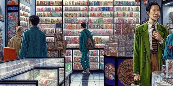 A vibrant and eclectic adult novelty store filled with playful products and diverse customers exploring sensual merchandise.