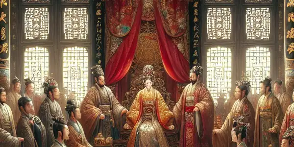 Lavishly adorned courtiers in a Qing Dynasty palace, embodying intrigue and desire amidst opulent decor.
