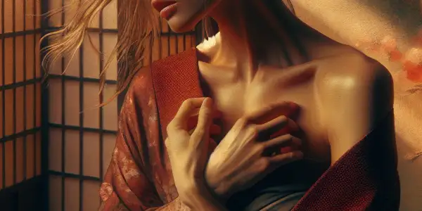 A young woman in a flowing kimono reflects in a serene Japanese-inspired room, embodying romance and emotional growth.