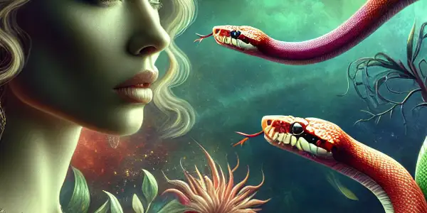 A captivating woman entwined with colorful snakes in a dark, atmospheric jungle, evoking danger and allure.