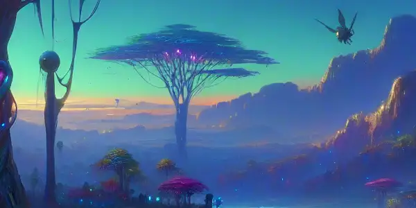 Na'vi characters explore a vibrant, bioluminescent jungle on Pandora under a twilight sky with multiple moons.