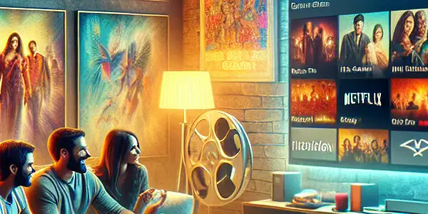 A cozy living room scene with friends enjoying a movie marathon, featuring streaming platforms and classic Hollywood elements.