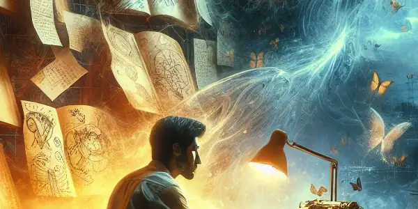 A male protagonist at a vintage desk surrounded by chaotic diaries and ethereal butterflies, depicting alternate realities.