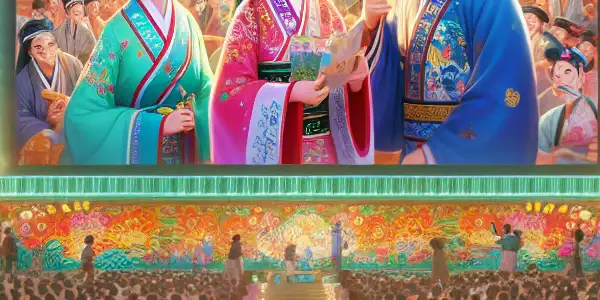 A lively outdoor cinema scene at a Chaozhou dialect film festival, featuring a diverse audience and traditional snacks.