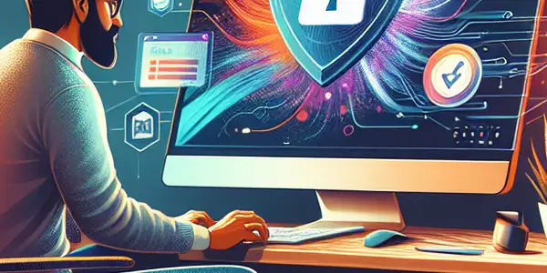 A cozy home office with a person engaging in secure online transactions on a vibrant computer screen.