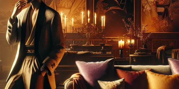 A charismatic figure in a luxurious, dimly lit room reflects on desire and identity amidst sensual surroundings.