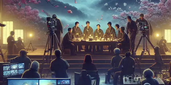 A dimly lit Japanese AV film set with directors, producers, and surreal scenes displayed on a monitor.