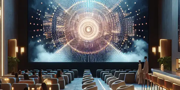 A sleek, modern cinema lobby with abstract visuals, cozy lighting, and silhouettes of an engaged audience.