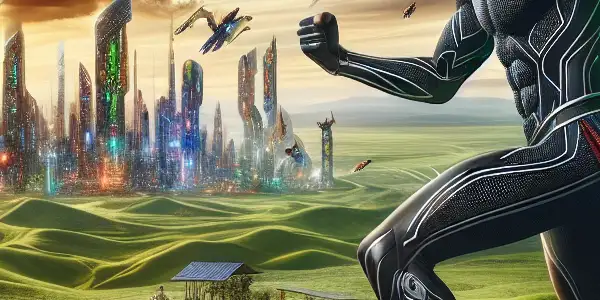A powerful African king in a panther suit stands on a hill, overlooking a futuristic Wakanda city.