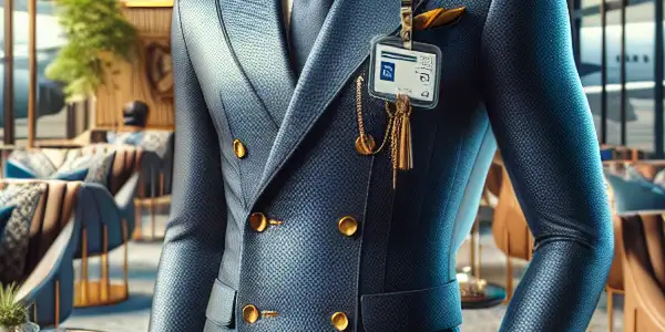 A stylish flight attendant in a sophisticated airport lounge, surrounded by modern elements and a warm atmosphere.