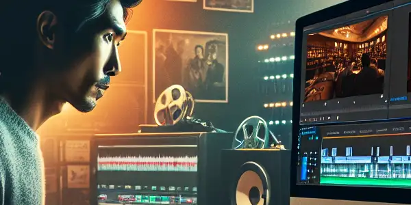 A professional editor fine-tunes vibrant scenes in a sophisticated adult film editing room, surrounded by iconic film posters.