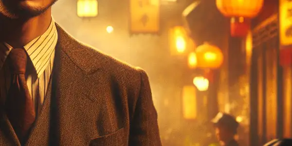 A rugged male actor stands confidently on a vintage Chinese street, exuding charisma amidst flickering lanterns and mystery.