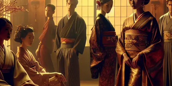 A dimly lit room with a central woman in a kimono, surrounded by elegantly dressed individuals, evoking intimacy and desire.