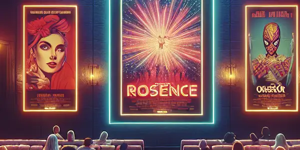 A modern cinema filled with diverse viewers, vibrant film posters, and a dynamic movie scene, creating an inviting atmosphere.